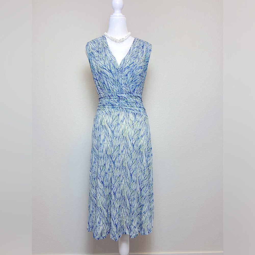 Coldwater Creek Faux Wrap Rushed Sleeve Less Midi Multicolor Dress Size Petite 6